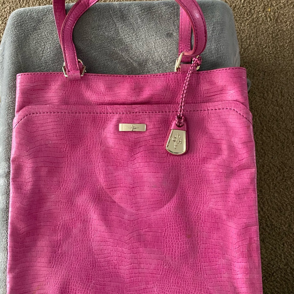 Cole Haan Hot Pink Croc-Embossed Tote with Silver Hardware